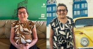 Atriz Tania Maria posa sorridente em montagem com dois registros, sentada em um sofá diante de painel verde e em pé ao ar livre ao lado de um carro amarelo, usando óculos e vestidos estampados.