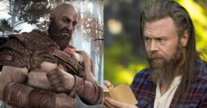 Montagem compara Kratos em cena do jogo God of War e o ator Ryan Hurst em retrato recente, destacando a semelhança visual entre o personagem e o intérprete confirmado para a série live-action.