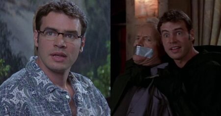 Scott Foley comenta retorno como Roman Bridger em Pânico 7; confira Scott Foley em duas cenas como Roman Bridger, vilão de Pânico 3, à esquerda com óculos e camisa estampada e à direita segurando uma vítima durante revelação final do personagem