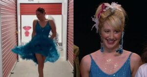 Atriz de High School Musical revive looks marcantes 20 anos depois; confira Ashley Tisdale em montagem comparativa usando vestido azul brilhante, recriando visual marcante de sua personagem em fase jovem e em aparição mais recente, destacando a semelhança dos figurinos