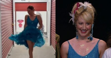 Ashley Tisdale em montagem comparativa usando vestido azul brilhante, recriando visual marcante de sua personagem em fase jovem e em aparição mais recente, destacando a semelhança dos figurinos