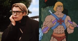 He-Man ganha novo rosto: Nicholas Galitzine surge em 1º teaser do filme Nicholas Galitzine em comparação com a versão clássica de He-Man, personagem do desenho animado dos anos 1980