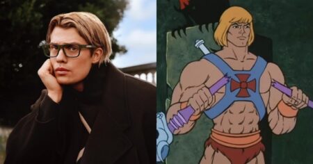 Nicholas Galitzine em comparação com a versão clássica de He-Man, personagem do desenho animado dos anos 1980