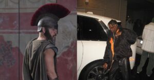 A Odisseia ganha novo teaser e revela Travis Scott no elenco; veja Imagem dividida mostra cena de soldado caracterizado em A Odisseia e Travis Scott chegando a evento noturno, associado à participação do rapper no novo filme de Christopher Nolan