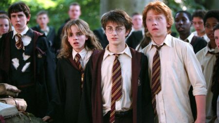 Estudantes de Hogwarts, incluindo Harry, Hermione e Rony, aparecem lado a lado com expressões de surpresa em cena clássica da franquia Harry Potter, usando uniformes escolares e gravatas da Grifinória