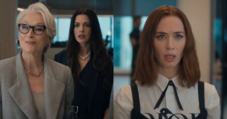 Miranda Priestly, Andy Sachs e Emily Charlton em cena do trailer de O Diabo Veste Prada 2 dentro da redação da Runway