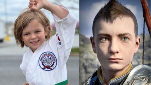God Of War | Ator que dará vida a Atreus em série do Prime Vídeo escalado Ator mirim que interpretará Atreus na série de God of War aparece em montagem com foto real usando kimono de artes marciais e versão do personagem no jogo, com armadura e expressão séria.