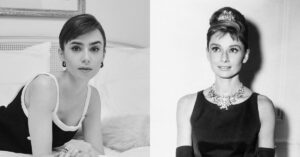Lily Collins será Audrey Hepburn em filme sobre Bonequinha de Luxo; saiba mais Lily Collins em retrato em preto e branco ao lado de Audrey Hepburn em imagem clássica comparativa
