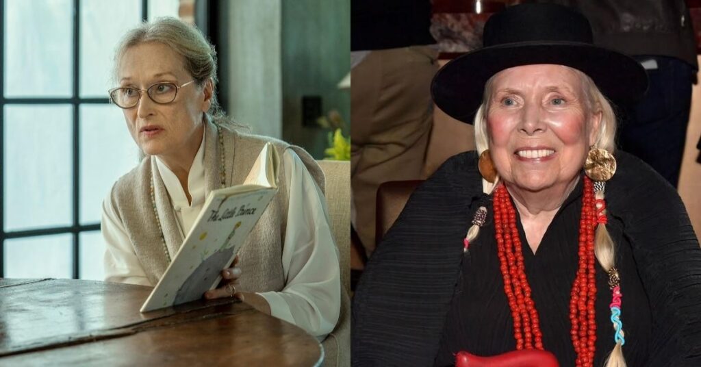 Meryl Streep caracterizada em cena de filme e Joni Mitchell sorrindo em evento público, em montagem que ilustra a cinebiografia dirigida por Cameron Crowe