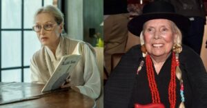 Meryl Streep caracterizada em cena de filme e Joni Mitchell sorrindo em evento público, em montagem que ilustra a cinebiografia dirigida por Cameron Crowe