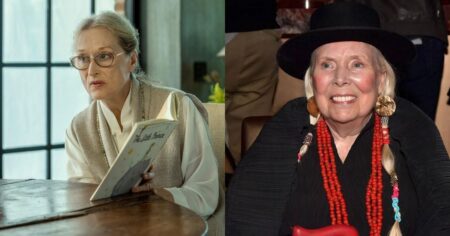 Meryl Streep viverá Joni Mitchell em cinebiografia; veja detalhes Meryl Streep caracterizada em cena de filme e Joni Mitchell sorrindo em evento público, em montagem que ilustra a cinebiografia dirigida por Cameron Crowe