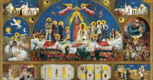 Ilustração artística em estilo de painel sacro representando o Juízo Final da minissérie O Auto da Compadecida com Jesus, a Virgem Maria e personagens no sertão.
