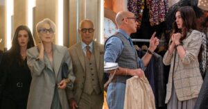Montagem de duas fotos de O Diabo Veste Prada 2. À esquerda, Anne Hathaway, Meryl Streep e Stanley Tucci caminham em um corredor elegante. À direita, Stanley Tucci gesticula para Anne Hathaway em um closet de luxo.