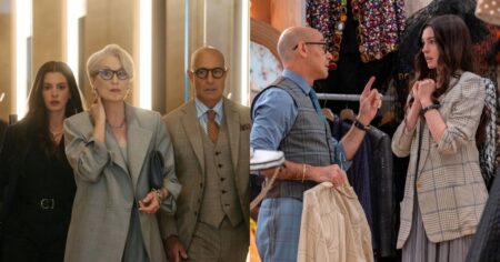 Montagem de duas fotos de O Diabo Veste Prada 2. À esquerda, Anne Hathaway, Meryl Streep e Stanley Tucci caminham em um corredor elegante. À direita, Stanley Tucci gesticula para Anne Hathaway em um closet de luxo.