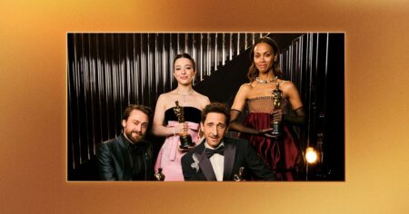 Oscar 2026: primeiros apresentadores são anunciados; confira Adrien Brody, Kieran Culkin, Mikey Madison e Zoe Saldaña posam com estatuetas do Oscar em imagem promocional da Academia