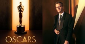 Estatueta do Oscar ao lado de Wagner Moura posando em traje formal, representando o Brasil na temporada de premiações do Oscar 2026.