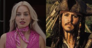 Piratas do Caribe 6: rumores indicam trama com Margot Robbie e filho de Jack Sparrow Montagem dividida ao meio mostrando a atriz Margot Robbie à esquerda, com trajes rosa, e o ator Johnny Depp à direita, caracterizado como o Capitão Jack Sparrow de Piratas do Caribe.