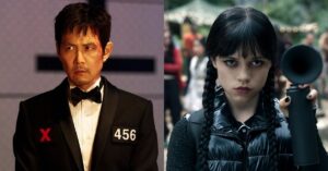 Séries mais assistidas da Netflix: 15 fenômenos do streaming Personagem 456 de Round 6 ao lado de Wandinha Addams em montagem sobre as séries mais assistidas da Netflix