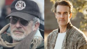 Montagem mostra o diretor Steven Spielberg usando boné e óculos escuros em ambiente externo, ao lado de retrato do ator James Van Der Beek com expressão séria e iluminação natural ao fundo.