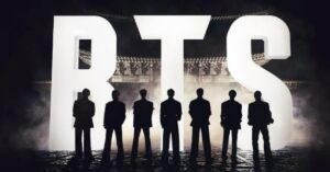 Integrantes do BTS em silhueta diante do nome do grupo durante cena do trailer do documentário da Netflix