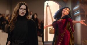 Kathryn Hahn em evento público ao lado da personagem Mamãe Gothel da animação Enrolados, ilustrando a atriz confirmada no live-action da Disney