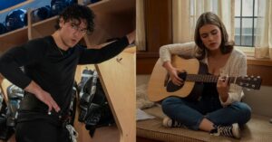 Belmont Cameli como Garrett Graham em vestiário de hóquei e Ella Bright como Hannah Wells tocando violão sentada em ambiente universitário na série Off Campus
