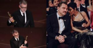 Paul Thomas Anderson segurando estatueta do Oscar durante discurso de vitória e Teyana Taylor conversando com Leonardo DiCaprio sentados na plateia da cerimônia
