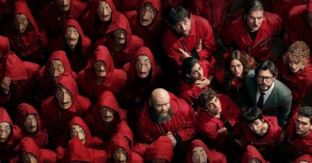 Personagens de La Casa de Papel: em quais casas de Hogwarts eles ficariam? Personagens de La Casa de Papel reunidos com macacões vermelhos e máscaras de Salvador Dalí em ambiente escuro