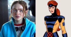 Homem-Aranha: Um Novo Dia pode ter Sadie Sink como Jean Grey; entenda rumor montagem com Sadie Sink em cena de Stranger Things ao lado da personagem Jean Grey dos X-Men em ilustração