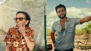 Tânia Maria aparece fumando e usando óculos escuros e camisa floral em cena de rua; ao lado, Wagner Moura surge em ambiente rural, com camisa clara e barba, apoiado em um veículo diante de uma plantação.