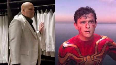 : Vincent D’Onofrio aparece usando terno branco diante de roupas alinhadas; ao lado, Tom Holland surge caracterizado como Homem-Aranha, com o traje vermelho e marcas de batalha no rosto.
