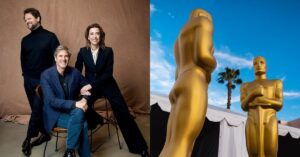 Montagem com profissionais do cinema brasileiro ligados ao filme Ainda Estou Aqui posando para foto e estatuetas do Oscar em frente ao Dolby Theatre em Hollywood