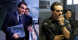 Wagner Moura em cenas de atuação no cinema e televisão, incluindo personagem em ambiente policial e investigação estratégica