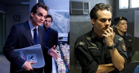 Wagner Moura em cenas de atuação no cinema e televisão, incluindo personagem em ambiente policial e investigação estratégica