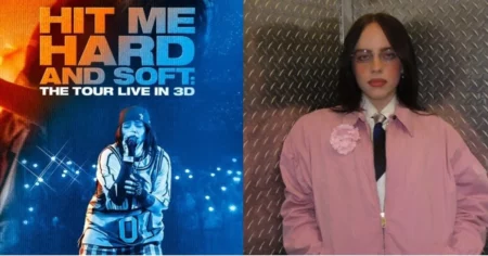 Billie Eilish em montagem com imagem da turnê Hit Me Hard and Soft e retrato da cantora em visual casual