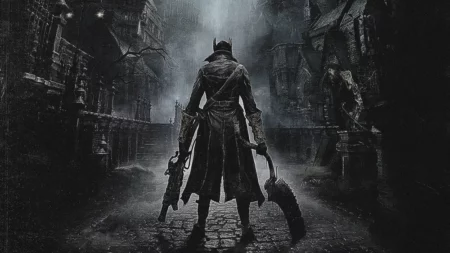 Personagem caçador de Bloodborne em rua escura de Yharnam com arquitetura gótica e atmosfera de terror noturna