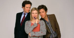 Renée Zellweger como Bridget Jones entre Colin Firth e Hugh Grant em cena do filme Bridget Jones