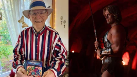 Montagem com Roger Sweet e Nicholas Galitzine como He-Man