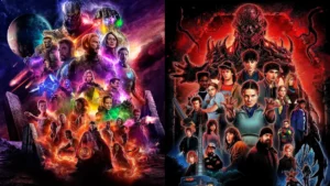 Cultura pop: o guia completo para entender o que é, exemplos e impacto na sociedade Montagem com personagens de filmes e séries representando o universo da cultura pop, com super-heróis e produções de sucesso do streaming