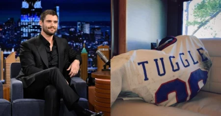 Mr. Irrelevant ganha cenas inéditas e revela transformação de David Corenswet; veja detalhes David Corenswet em entrevista e detalhe de uniforme com nome Tuggle usado no filme Mr. Irrelevant