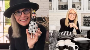 Montagem com Diane Keaton mostrando peças de seu acervo
