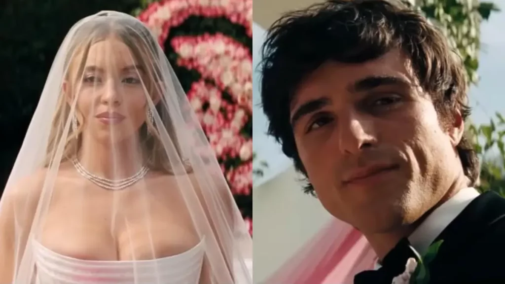 Cassie vestida de noiva e Nate de terno em cena de casamento na 3ª temporada de Euphoria