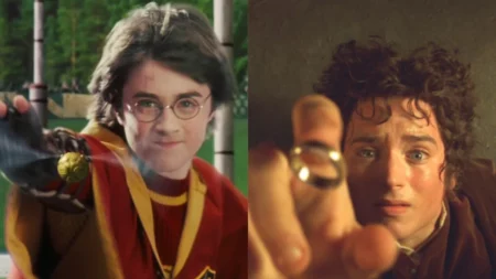 Filmes baseados em livros: lista completa com as melhores adaptações para assistir Cena comparativa de filmes baseados em livros, mostrando um jovem bruxo em ação e um personagem segurando um anel mágico em destaque.