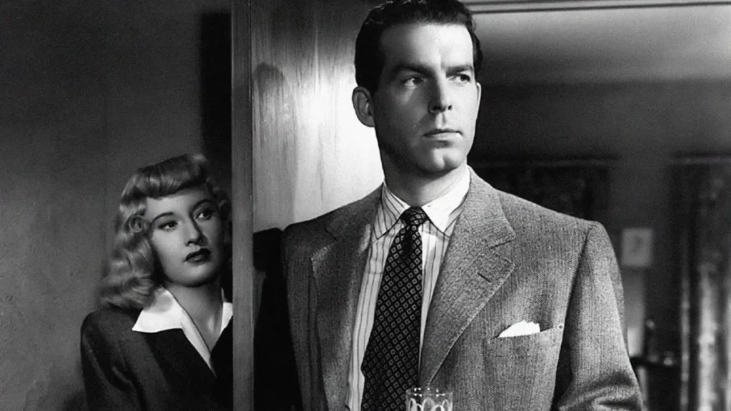 Cena de filmes noir em Pacto de Sangue (1944) com personagens em preto e branco em clima de suspense e tensão