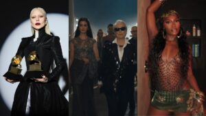 Montagem com quatro mulheres em looks marcantes, Lady Gaga, Doechii, Anne Hathaway e Meryl Streep: traje preto com troféus, desfile elegante e figurino sensual com brilho.