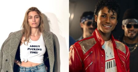 Paris Jackson critica filme Michael e aponta falhas no roteiro; entenda Montagem com Paris Jackson em retrato casual e Jaafar Jackson caracterizado como Michael Jackson no filme biográfico