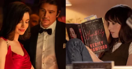 Anne Hathaway e Josh Hartnett em cena de Verity ao lado de Dakota Johnson lendo livro da personagem no trailer