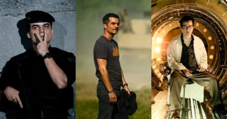 Wagner Moura em cenas de Tropa de Elite, Guerra Civil e O Homem do Futuro durante diferentes fases da carreira no cinema