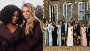 Elenco de Bridgerton reunido em imagem promocional da 5° temporada, com destaque para Francesca e Michaela em novo romance da série.