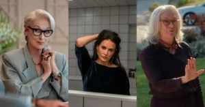Montagem com Meryl Streep, Demi Moore e Jamie Lee Curtis em cenas de filmes recentes protagonizados por mulheres maduras em Hollywood.